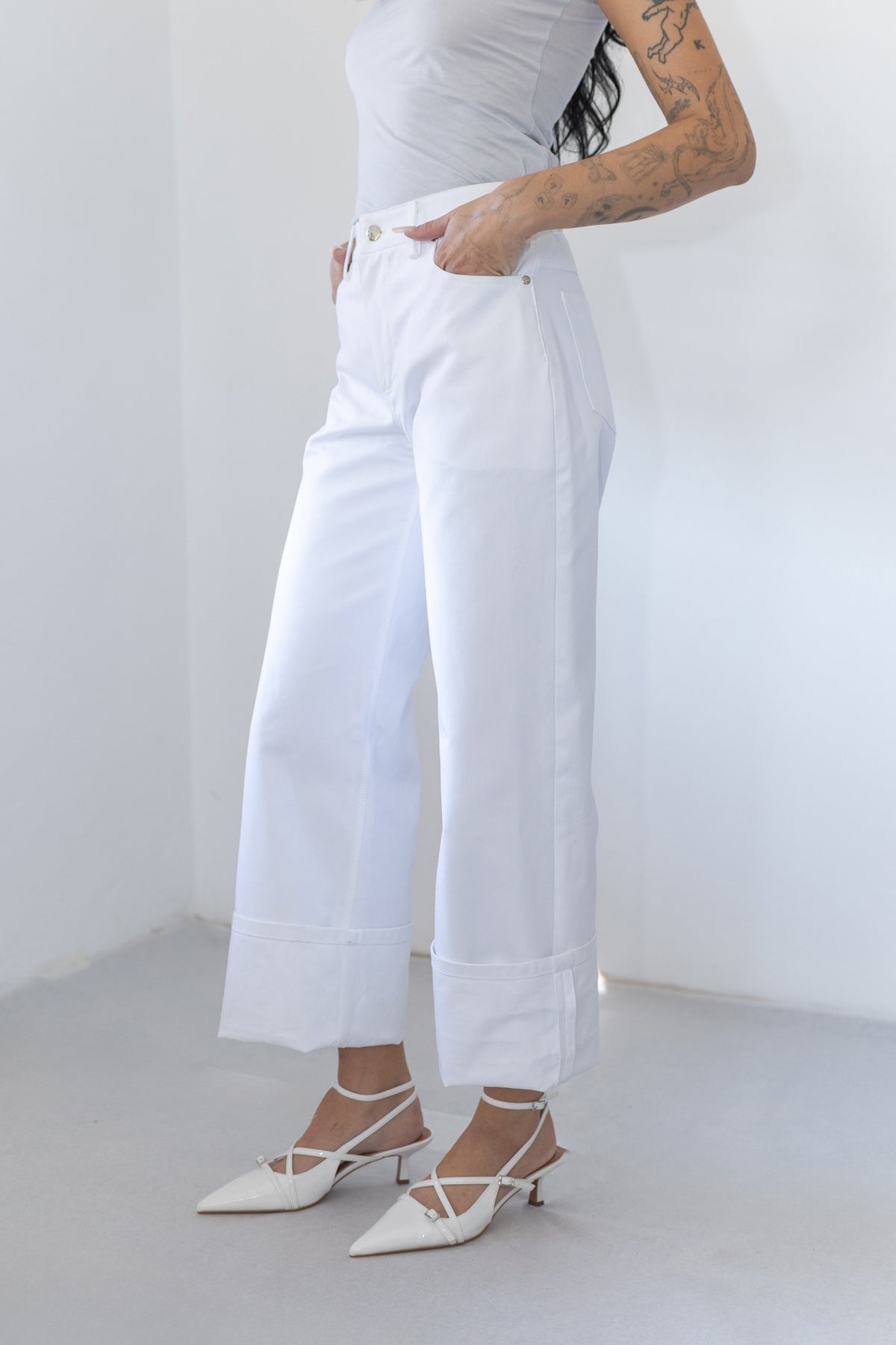 EMBROIDERY WIDE LEG PANTS W