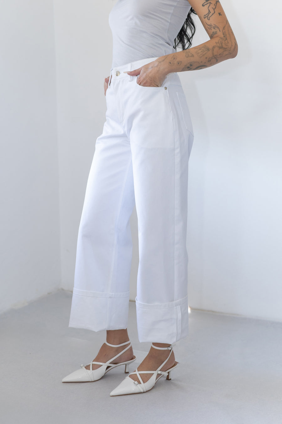 EMBROIDERY WIDE LEG PANTS W