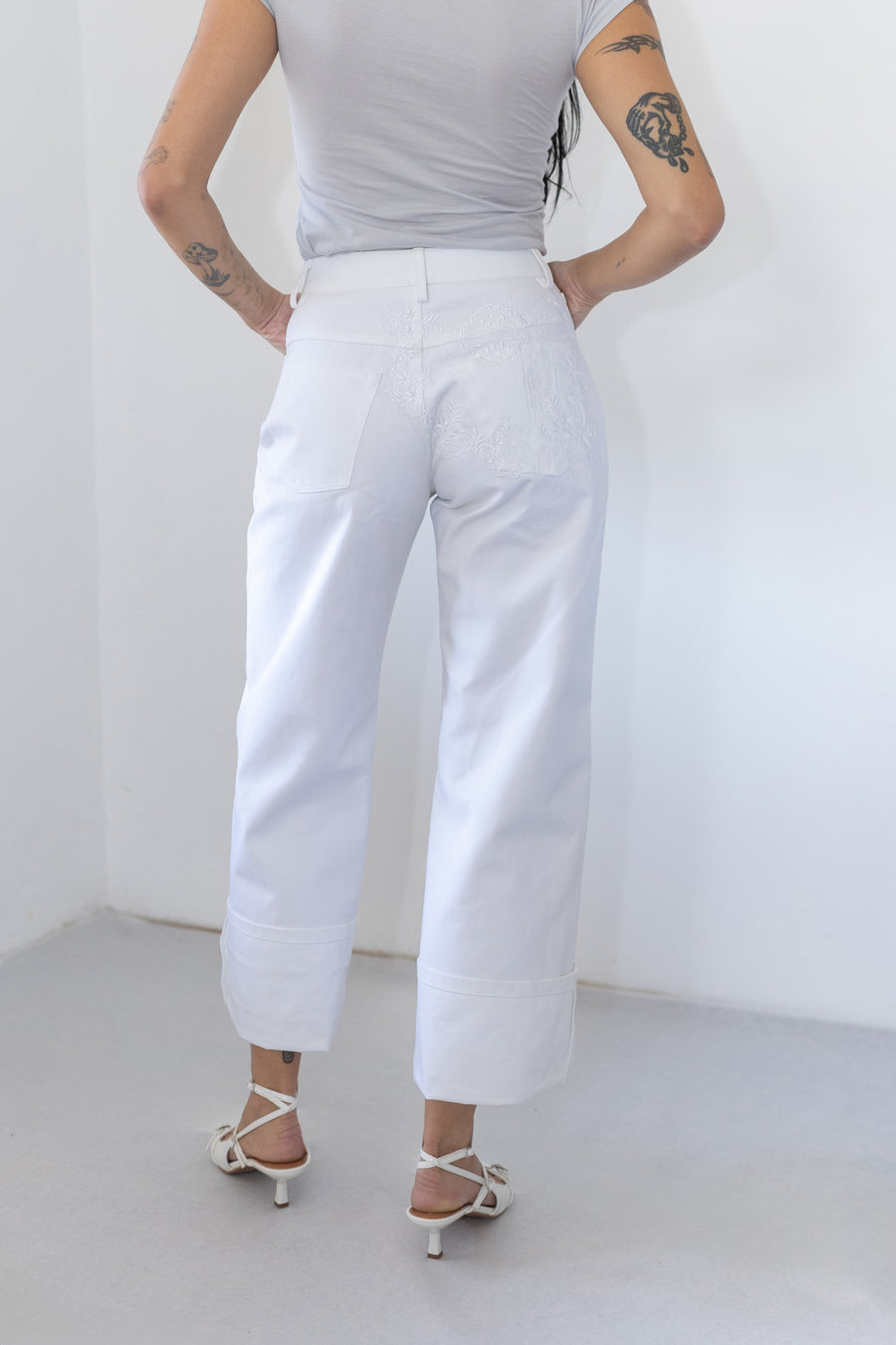 EMBROIDERY WIDE LEG PANTS W