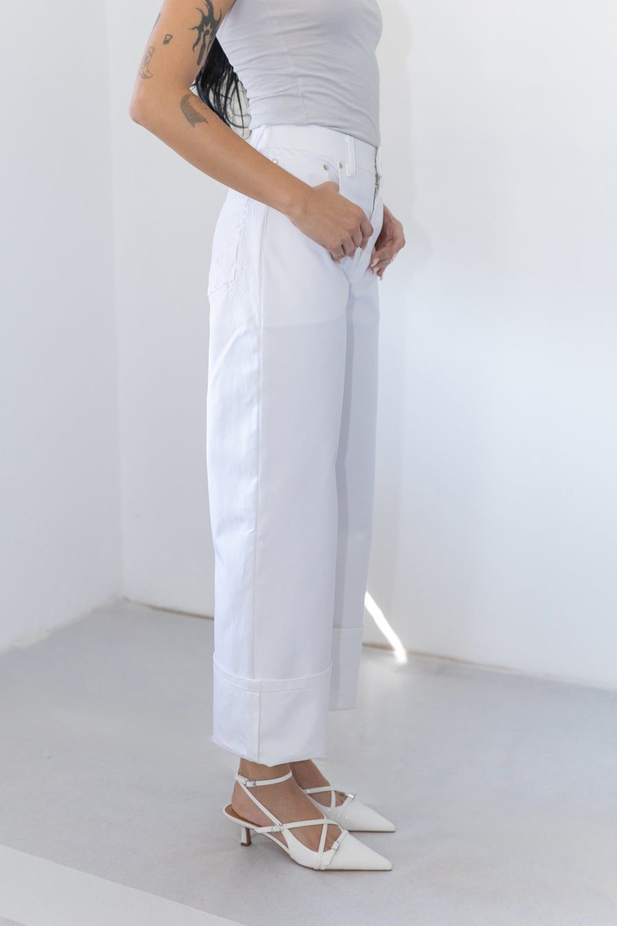 EMBROIDERY WIDE LEG PANTS W